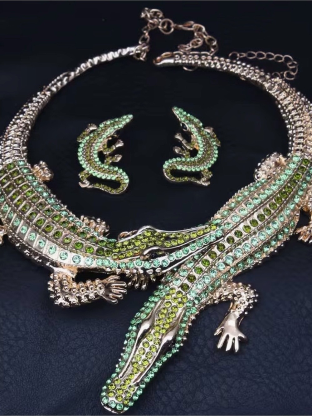 NWT Green Crystal Alligator Necklace & Earring Set in Gold, Statement Jewelry